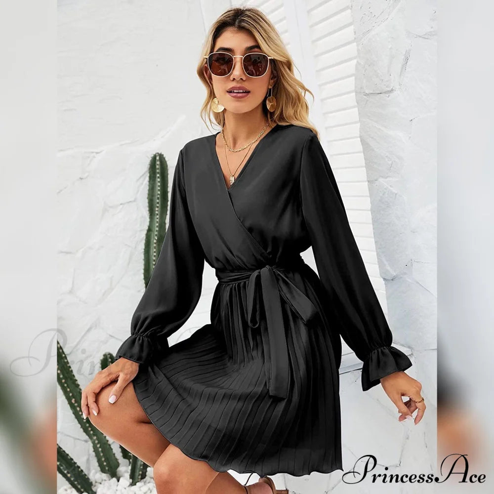 Wrap V Neck Pleated Long Sleeve Mini Dress For Women