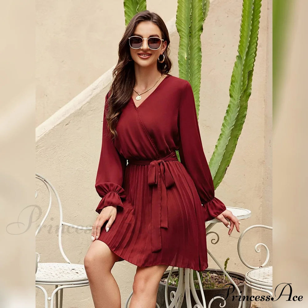 Wrap V Neck Pleated Long Sleeve Mini Dress For Women