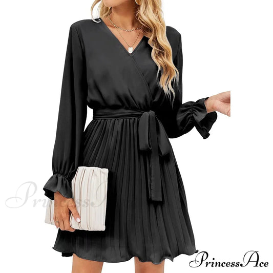 Womens Wrap V Neck Pleated Long Sleeve Mini Dresses Black __stock:200 casual dresses clothes dresses refund_fee:1200