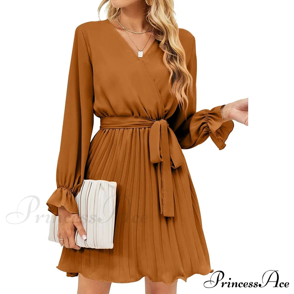 Womens Wrap V Neck Pleated Long Sleeve Mini Dresses Brown __stock:200 casual dresses clothes dresses refund_fee:1200