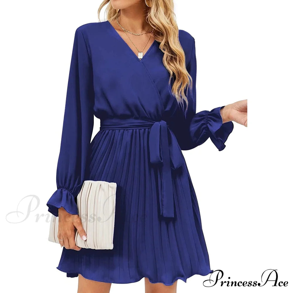 Womens Wrap V Neck Pleated Long Sleeve Mini Dresses Navy Blue __stock:200 casual dresses clothes dresses refund_fee:1200