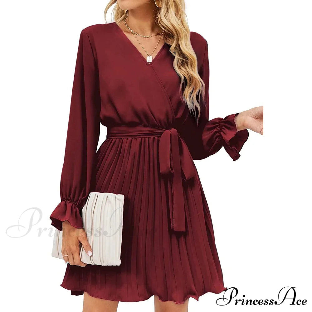 Womens Wrap V Neck Pleated Long Sleeve Mini Dresses Wine Red __stock:200 casual dresses clothes dresses refund_fee:1200