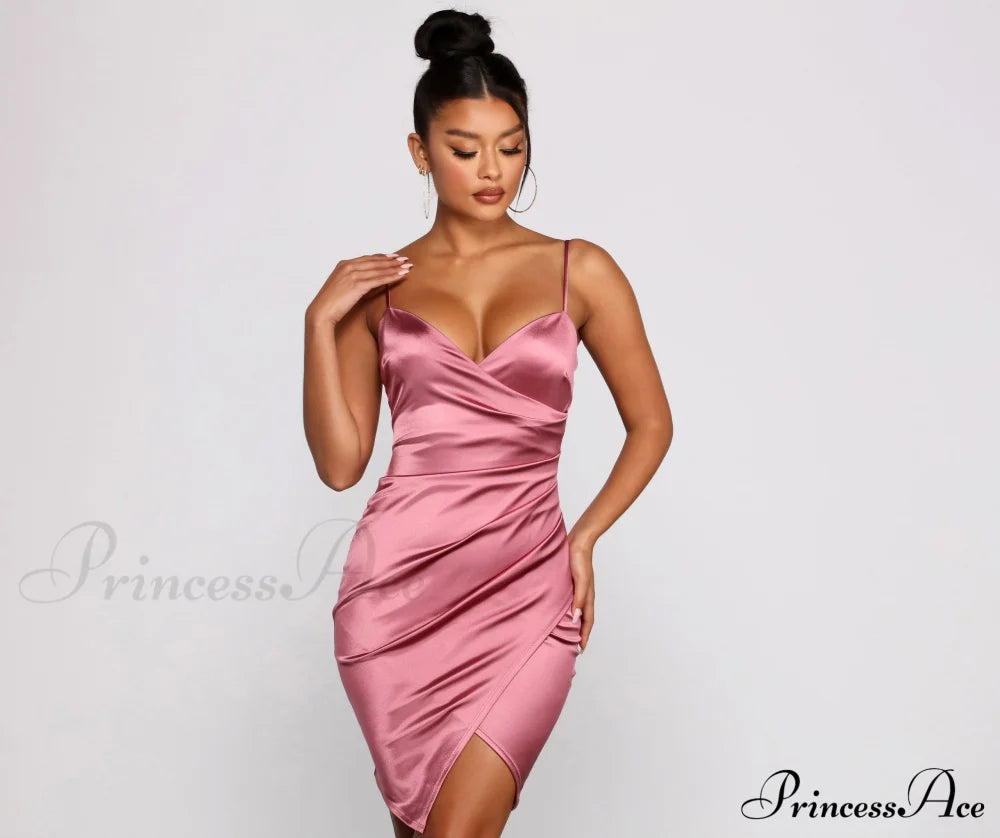 Wrapped In Sleek Satin Mini Dress - Lady Occasions