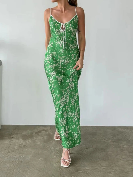 Green Flowers Print Beach Casual Boho Backless Spaghetti Sundress