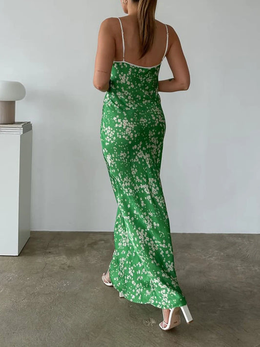 Green Flowers Print Beach Casual Boho Backless Spaghetti Sundress