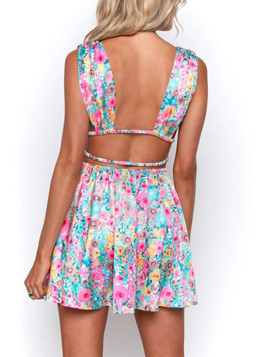 Backless Flower Print Sleeveless Deep V Mini A-Line Floral Dress