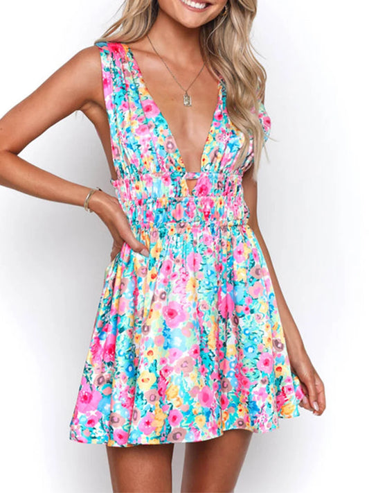 Backless Flower Print Sleeveless Deep V Mini A-Line Floral Dress