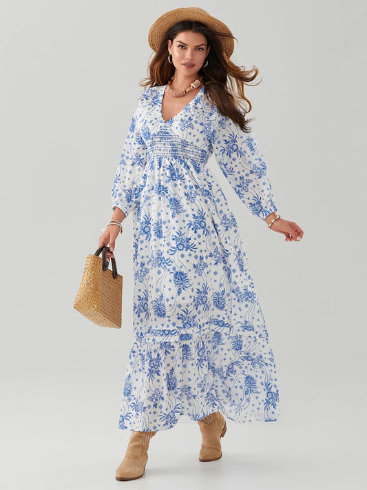 Bohemian Floral Print Puff Sleeve Swing Floral Dress