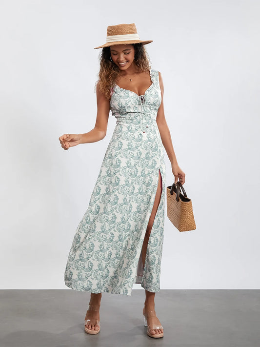 Bohemian Floral Tank Dress Sleeveless Ruffled Tie-up Sweetheart Floral Dress