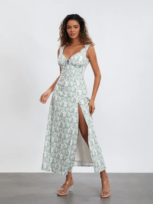 Bohemian Floral Tank Dress Sleeveless Ruffled Tie-up Sweetheart Floral Dress