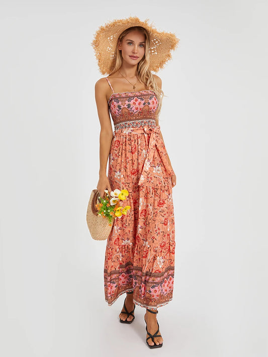 Boho Retro Floral Swing Spaghetti Straps Belted Long Floral Dress