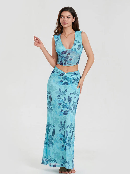 Boho Blue Floral Back Bandage Crop Tank Wrap Long Floral Dress