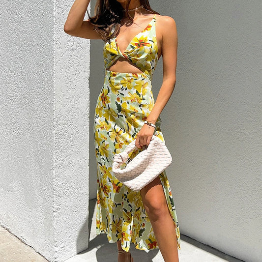 Chic Yellow Flowers Print Twist Knot Cutout Midi Floral Dress