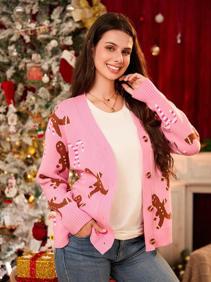 Cute Candy Cane Pattern Long Sleeve V-Neck Button Down Christmas Sweater