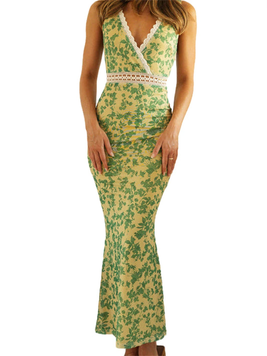 Elegant Floral Fishtail Lace Trim Wrap V-neck Bodycon Floral Dress