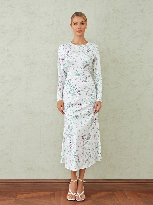 Elegant Floral Print Fishtail O-neck Wrap Midi Floral Dress