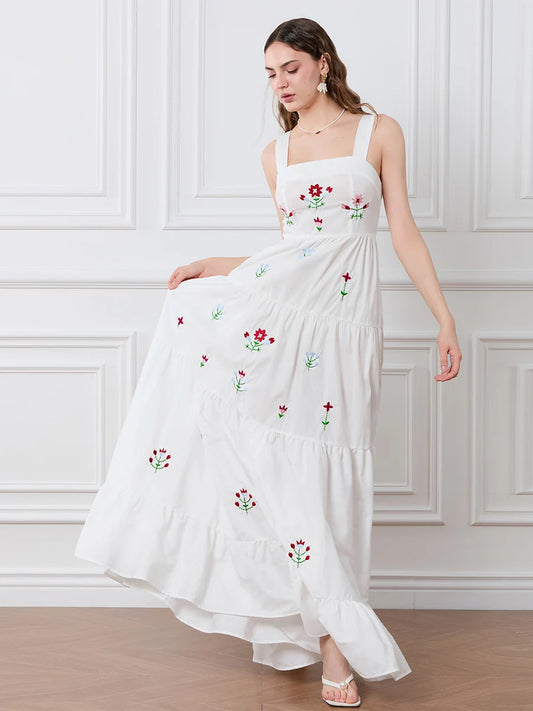 Embroidered Flower Ruched Tiered Slip Floral Dress