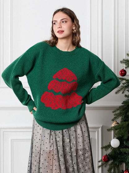 Drop Shoulder Long Sleeve Round Neck Christmas Tree Warm Christmas Sweater