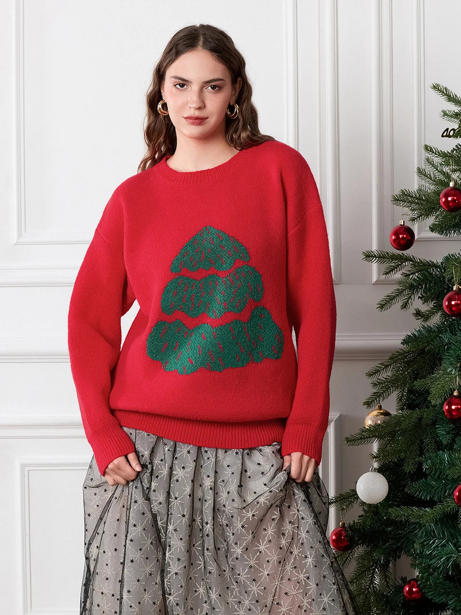 Drop Shoulder Long Sleeve Round Neck Christmas Tree Warm Christmas Sweater