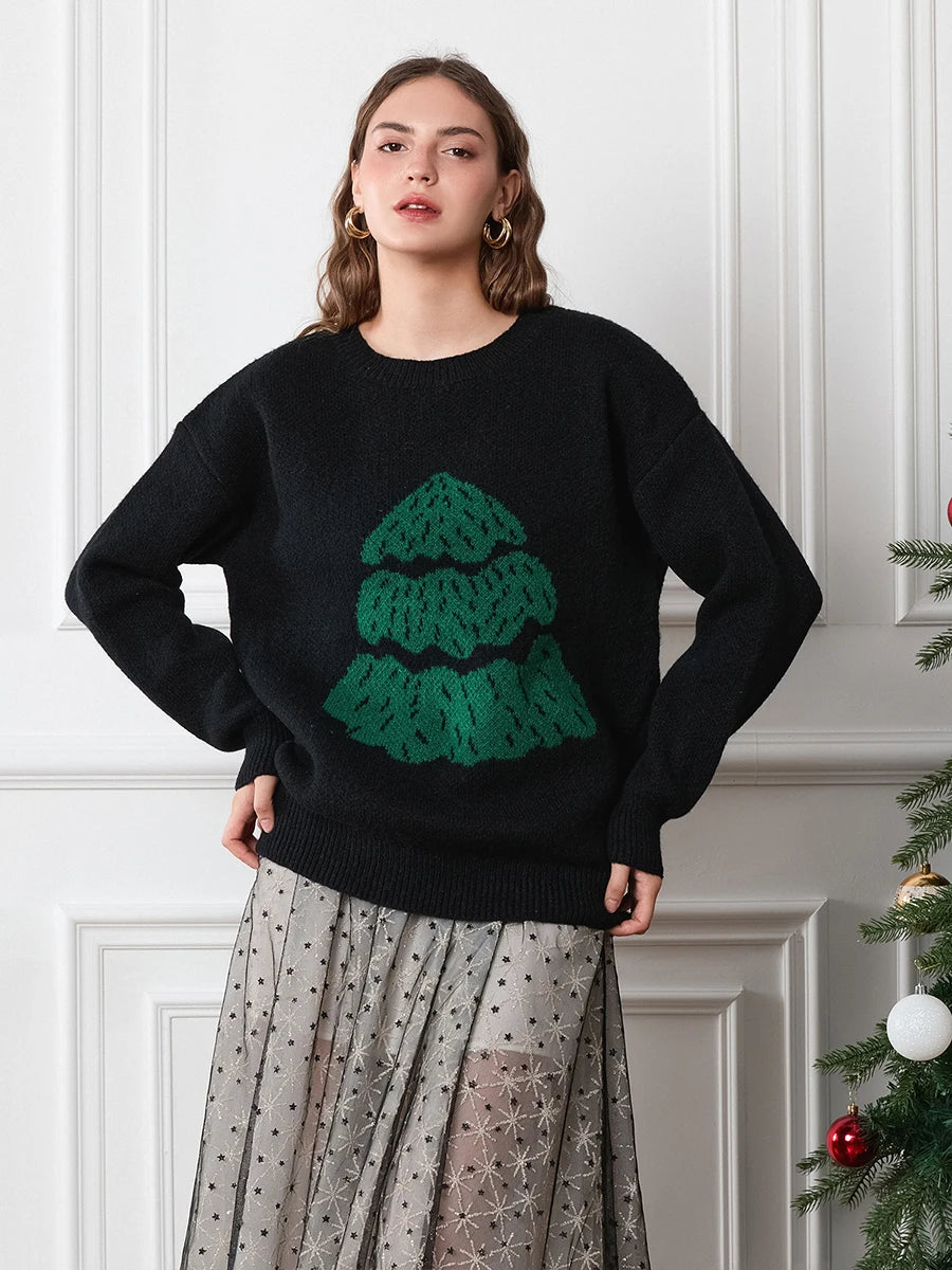 Drop Shoulder Long Sleeve Round Neck Christmas Tree Warm Christmas Sweater