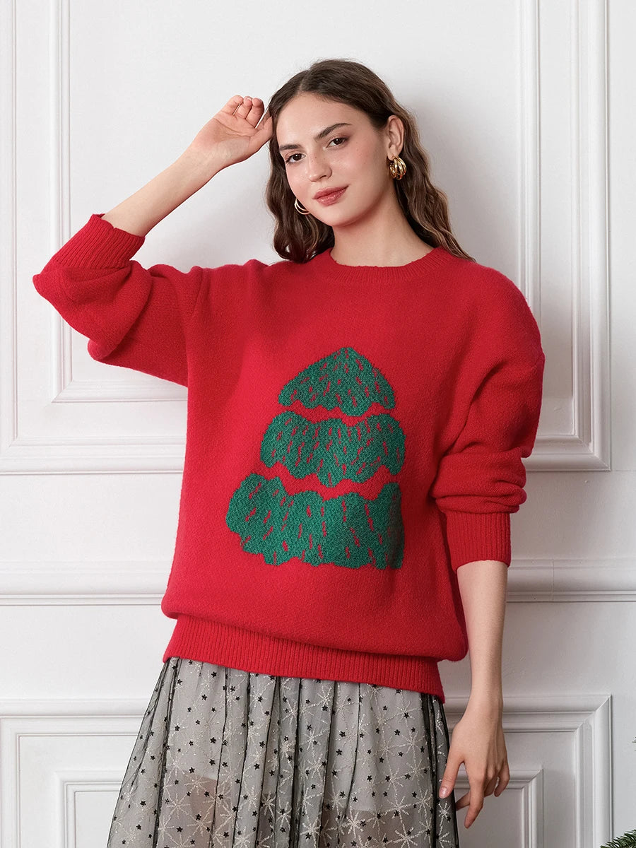 Drop Shoulder Long Sleeve Round Neck Christmas Tree Warm Christmas Sweater