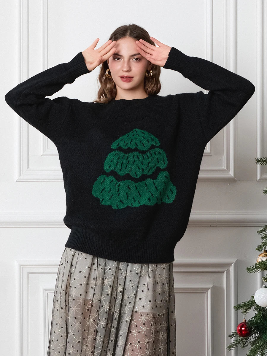 Drop Shoulder Long Sleeve Round Neck Christmas Tree Warm Christmas Sweater