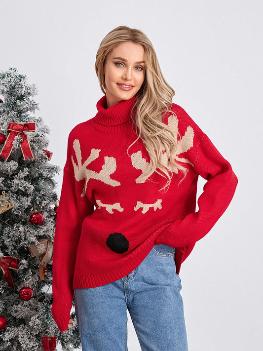 Elk Print Red Casual Long Sleeve TurtleNeck Warm Christmas Sweater