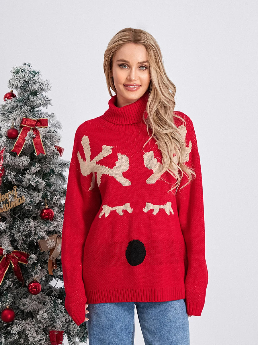 Elk Print Red Casual Long Sleeve TurtleNeck Warm Christmas Sweater