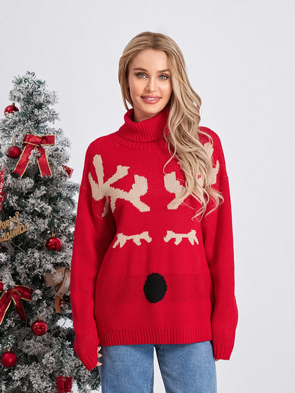 Elk Print Red Casual Long Sleeve TurtleNeck Warm Christmas Sweater