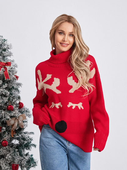 Elk Print Red Casual Long Sleeve TurtleNeck Warm Christmas Sweater