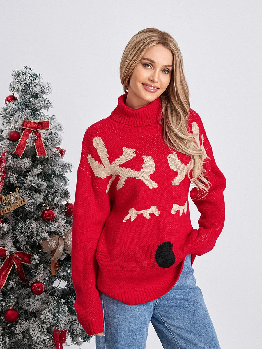 Elk Print Red Casual Long Sleeve TurtleNeck Warm Christmas Sweater