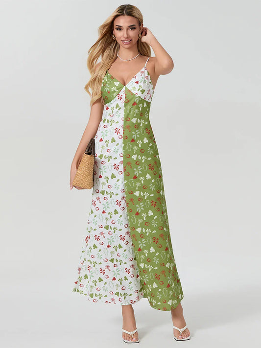 Contrast Color V-neck Spaghetti Strap Slip Floral Dress MULTI / S floraldress-250126