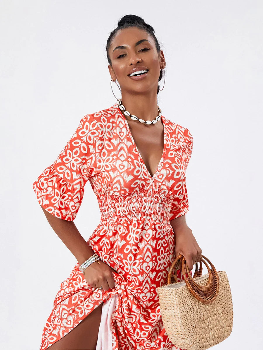 Floral Print Beach Midi Casual Flare Sleeve A-Line Ruffled Floral Dress floraldress-250126