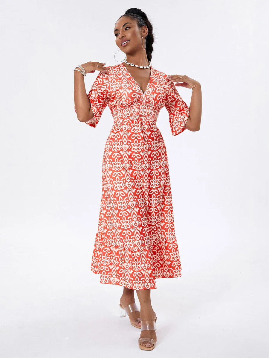 Floral Print Beach Midi Casual Flare Sleeve A-Line Ruffled Floral Dress floraldress-250126