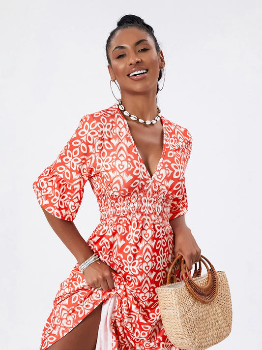 Floral Print Beach Midi Casual Flare Sleeve A-Line Ruffled Floral Dress