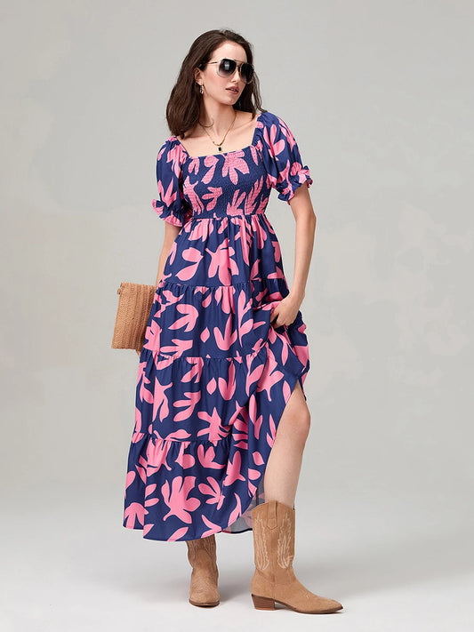 Floral Print Flowy Puff Sleeve Square Neck A-Line Vacation Floral Dress