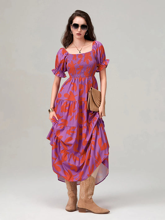 Floral Print Flowy Puff Sleeve Square Neck A-Line Vacation Floral Dress