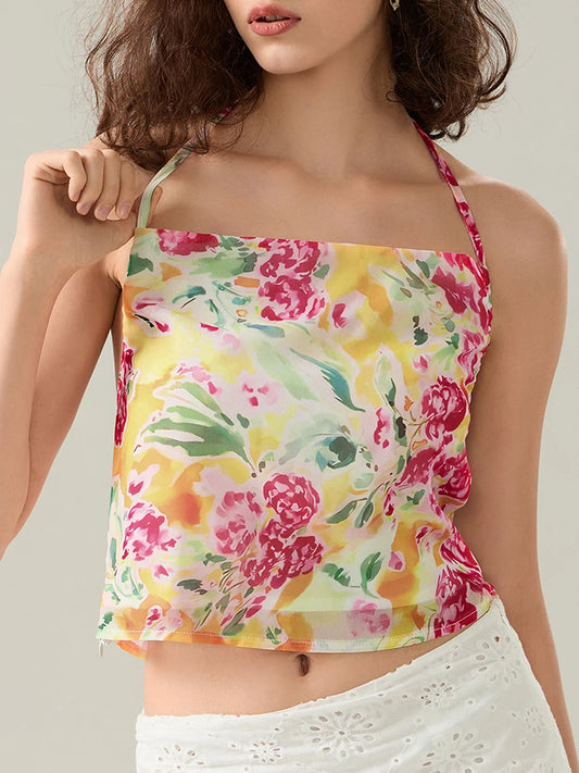 Floral Halter Backless Sleeveless Cropped Vest Camisole