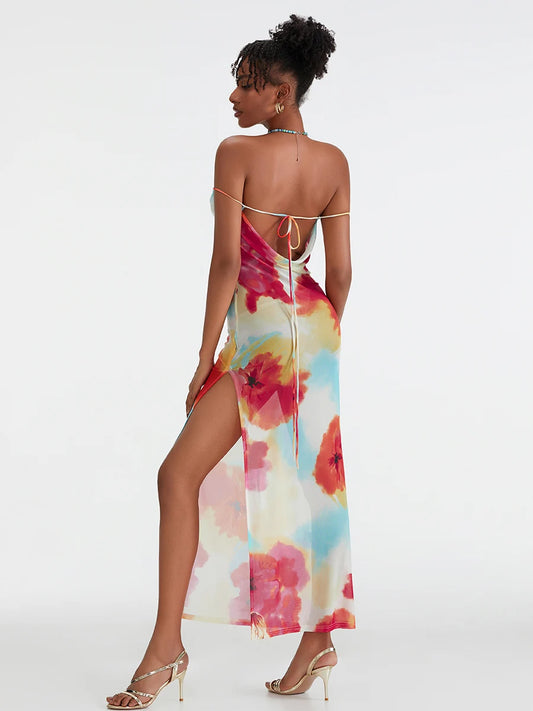 Floral Print High Split Backless Off-Shoulder Tie-up Long Floral Dress