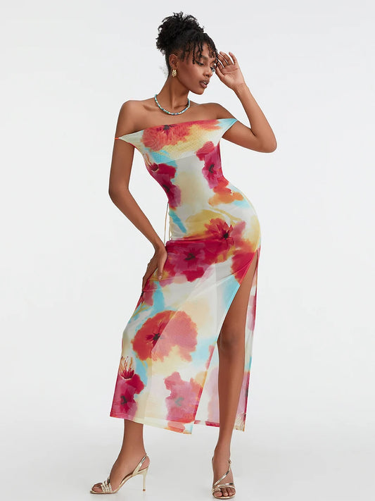 Floral Print High Split Backless Off-Shoulder Tie-up Long Floral Dress