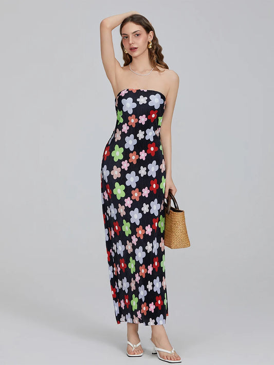 Floral Print Off-Shoulder Bandeau Pleated Tube Top Backless Party Dress