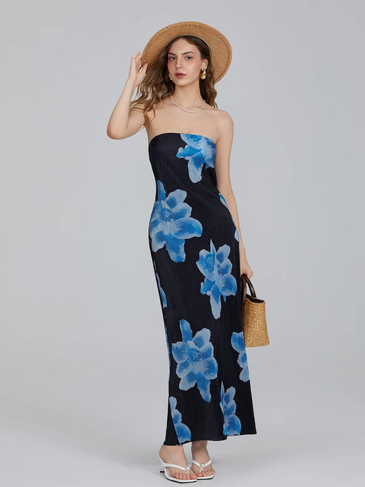 Floral Print Off-Shoulder Bandeau Pleated Tube Top Backless Party Dress