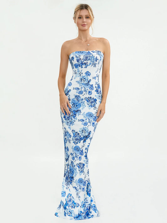 Floral Off-Shoulder Tube Bandeau Slit Bodycon Beach Holiday Floral Dress