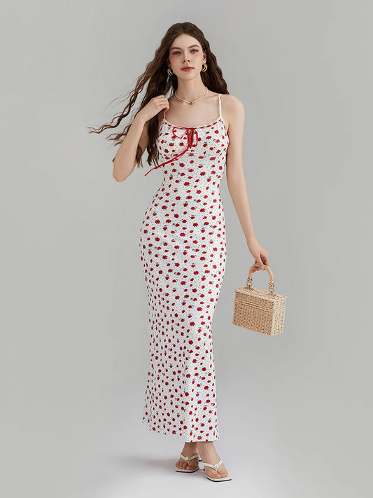 Floral Print Spaghetti Strap Ribbon Tie-Up Slip Vacation Floral Dress