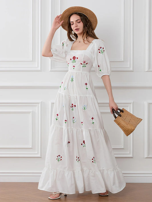 Flower Embroidery Flowy Ruched A-Line Floral Dress