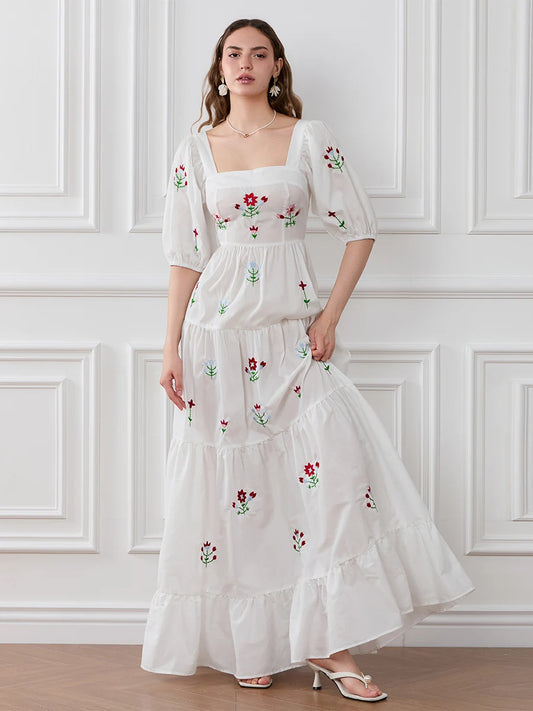 Flower Embroidery Flowy Ruched A-Line Floral Dress