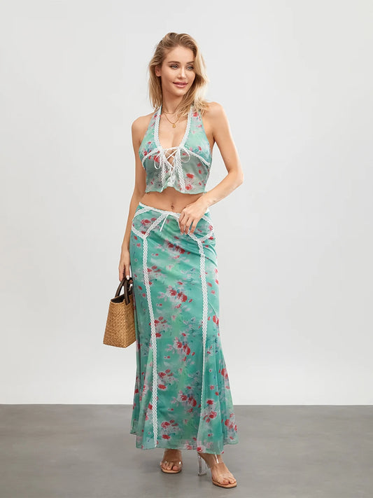 Green Floral Sleeveless Tie-up Halter Backless Long Floral Dress