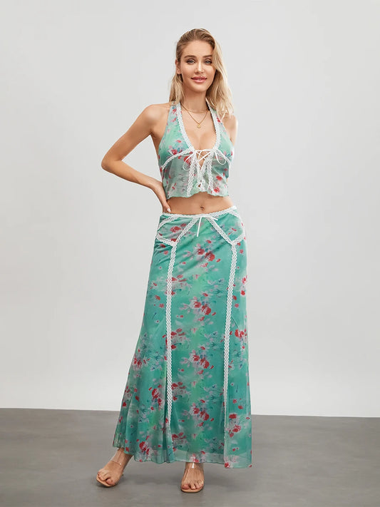 Green Floral Sleeveless Tie-up Halter Backless Long Floral Dress