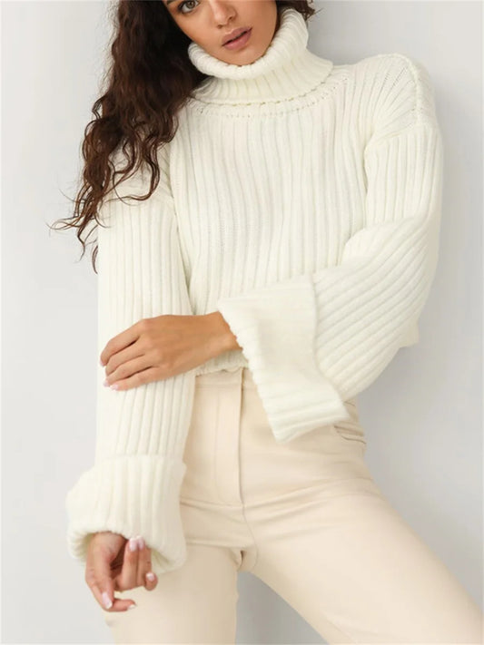 High Neck  Ribbed  Cropped Sweater