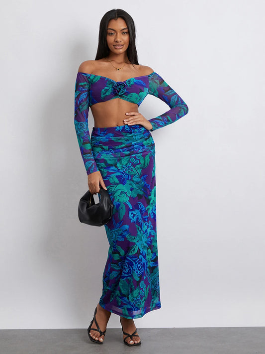 Off-Shoulder Crop Top High Waist Long Floral Skirt